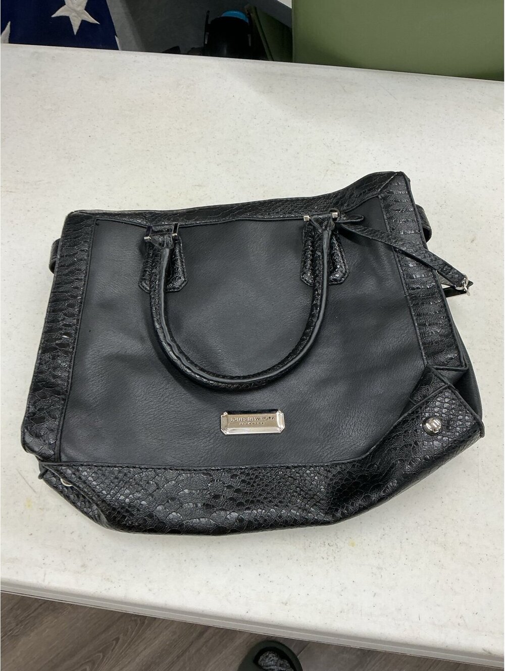 Black Faux Leather Tote Bag with Textured Accents